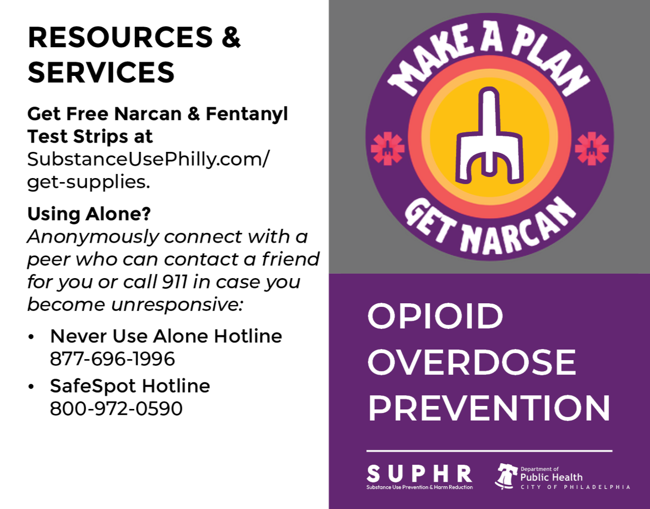 Overdose Response instruction card — Substance Use Philly