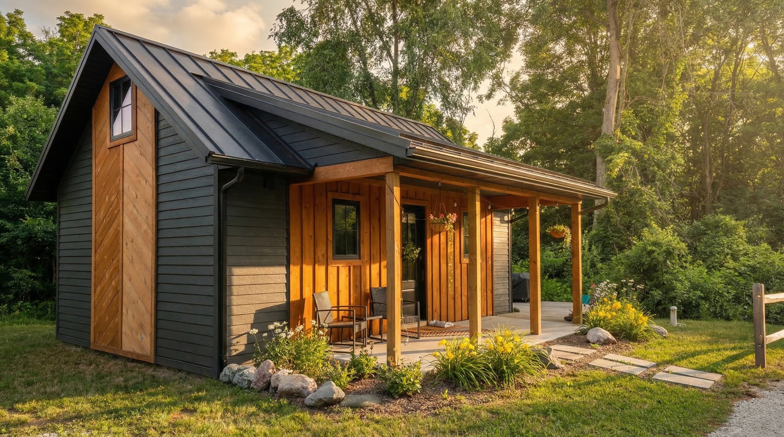 The Shiloh Tiny, a dark-sided tiny home with a cedar porch in Bridgeton, MI