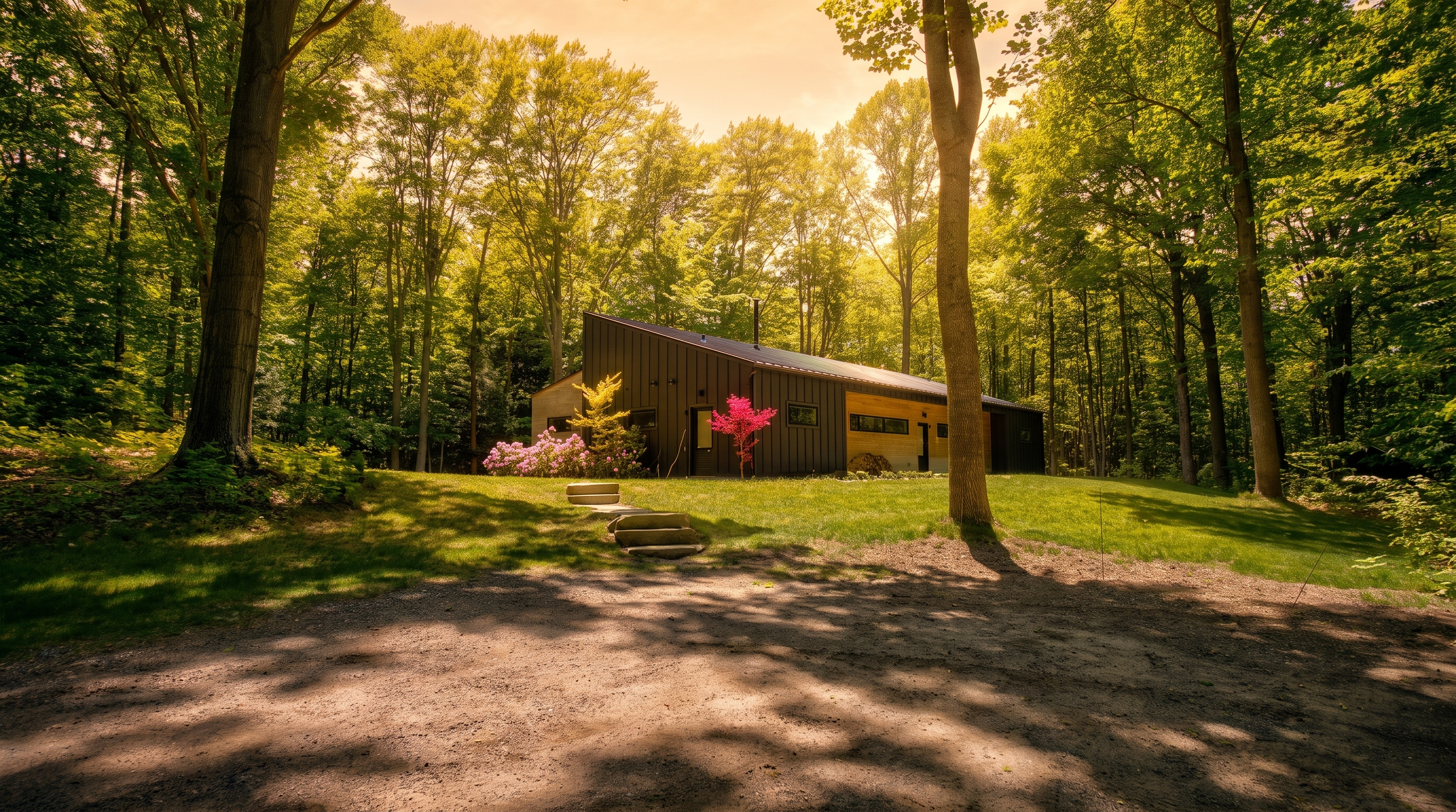 Gravel drive leading to Lake Effect Cabin through the woods
