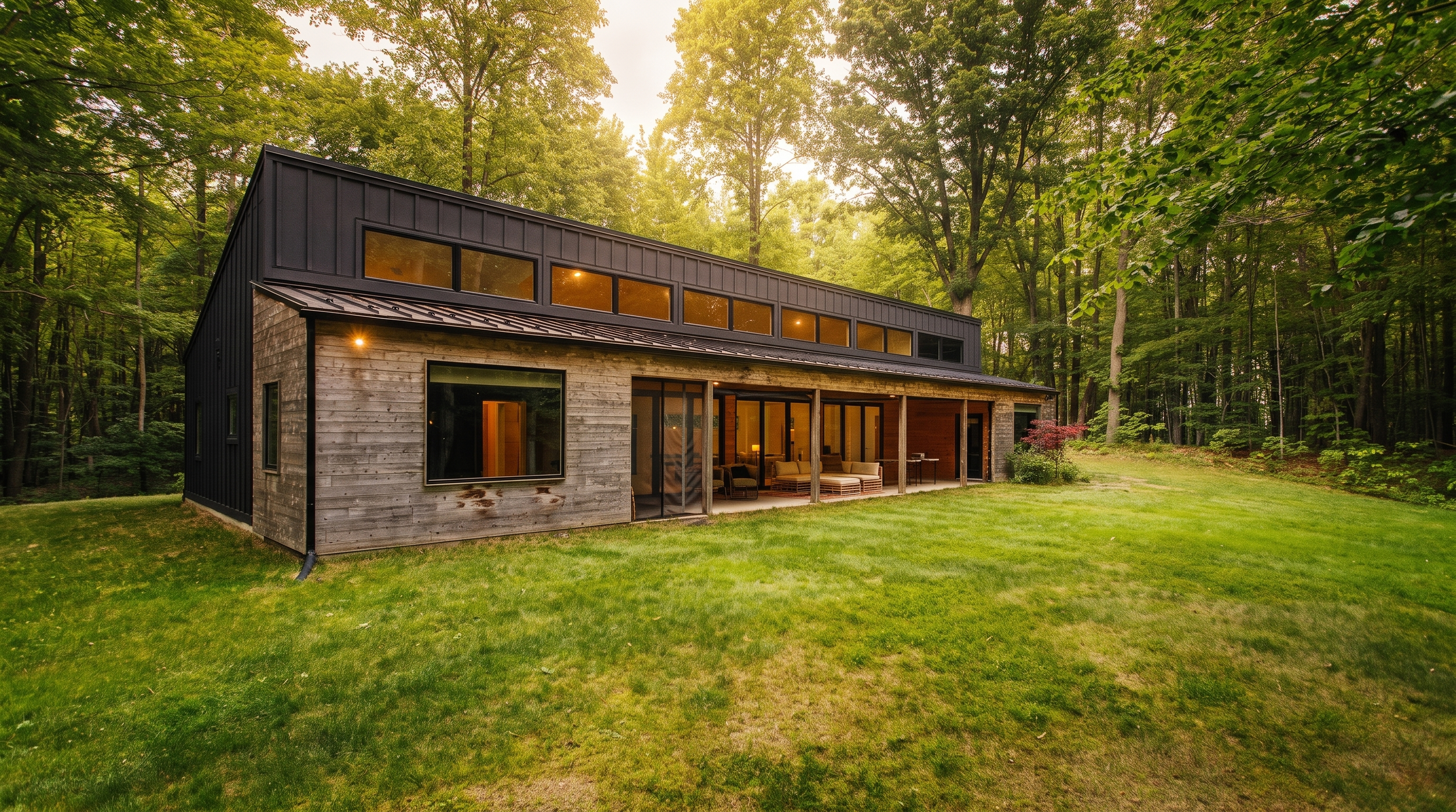 Lake Effect Cabin's covered porch and reclaimed wood wall on the wooded lot