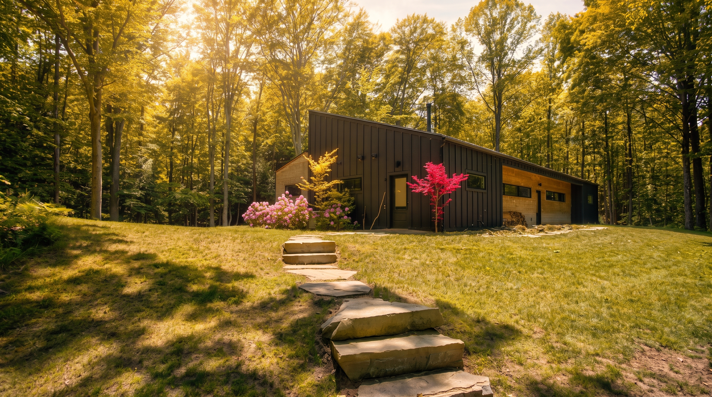 Stone steps leading up the lawn to Lake Effect Cabin among summer trees