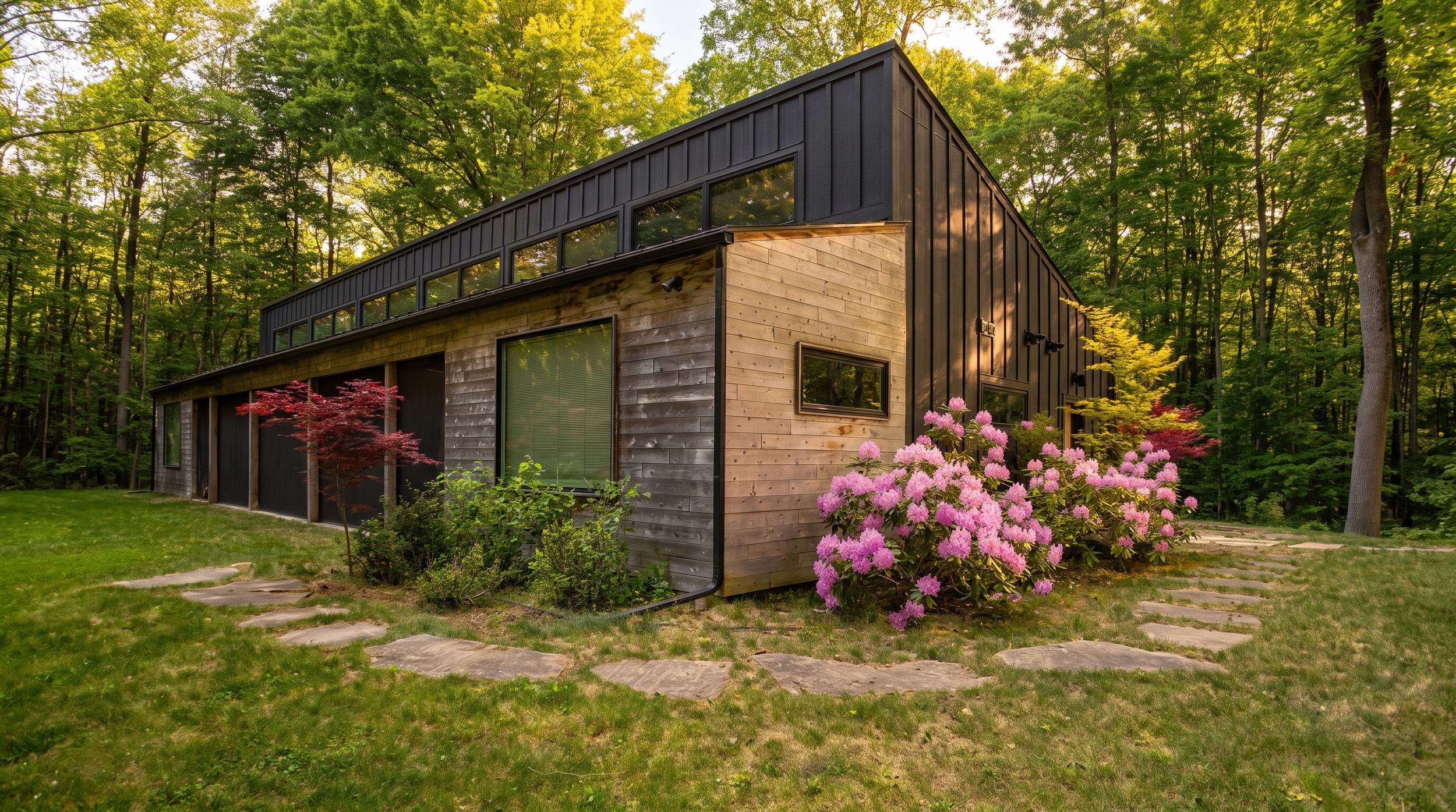Corner of Lake Effect Cabin with blooming rhododendrons and a stepping-stone path