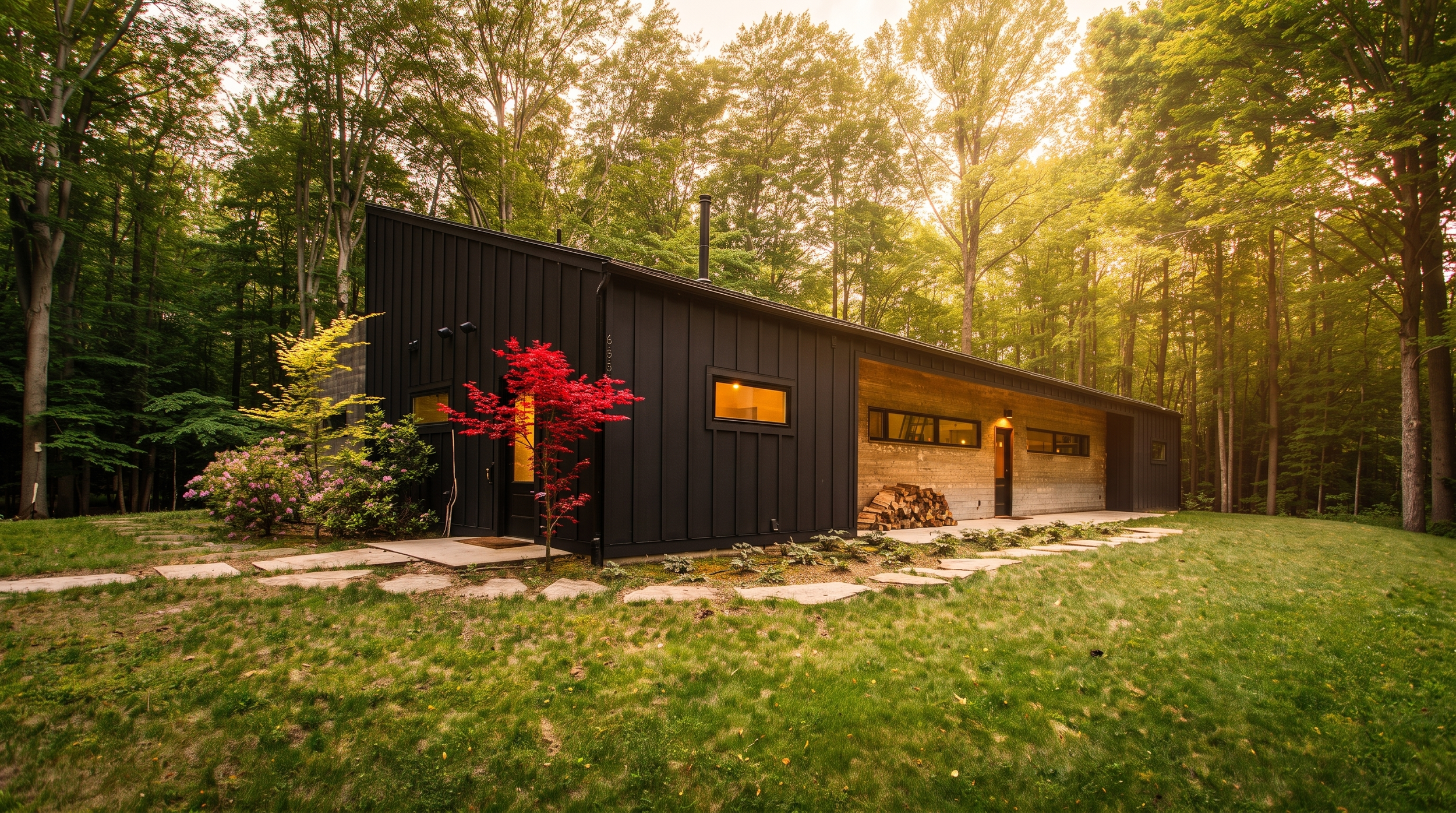 Front walk with a red Japanese maple at Lake Effect Cabin
