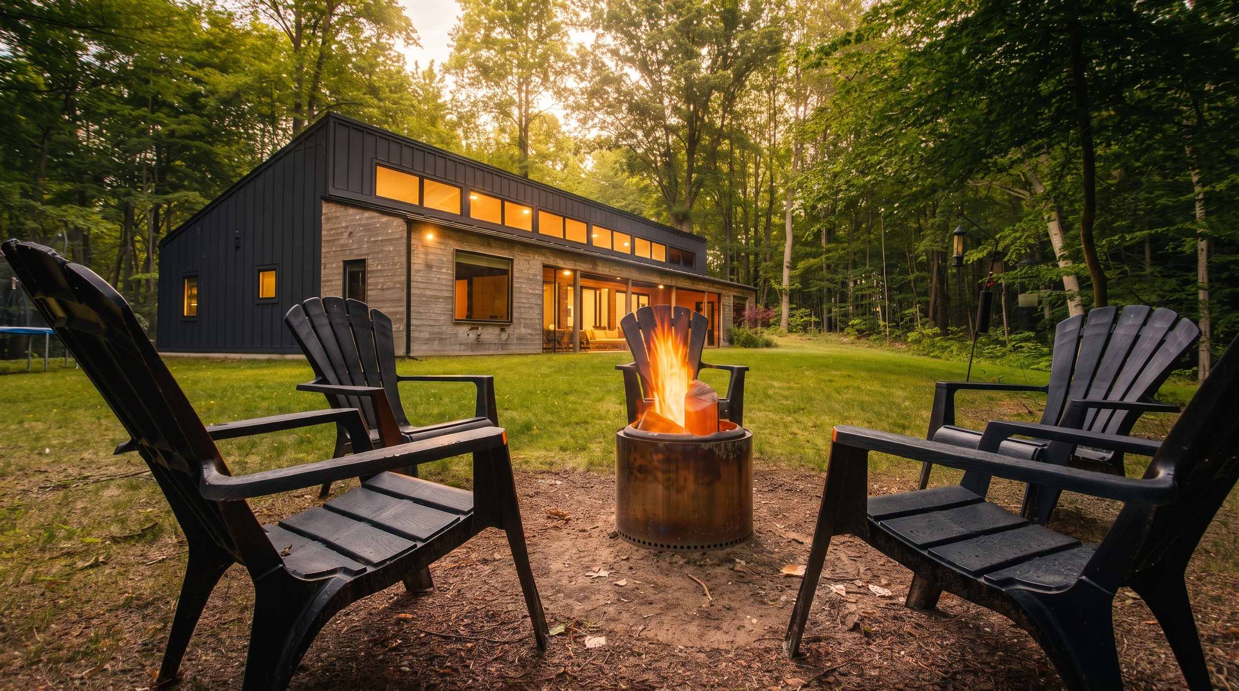 Adirondack chairs around a glowing fire pit in front of Lake Effect Cabin at dusk