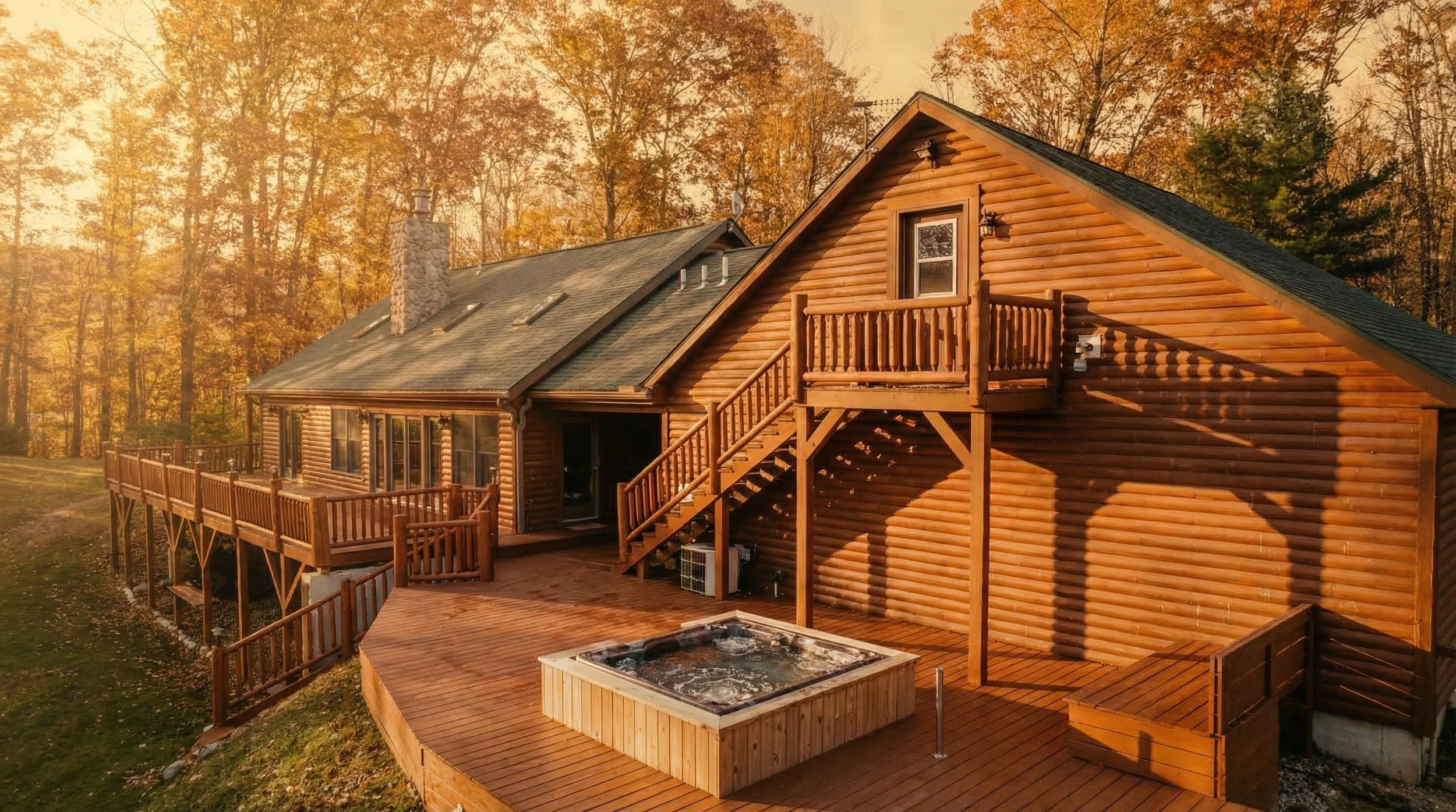 Riverbend Ranch log cabin with a wraparound deck and hot tub in fall color in Grant, MI