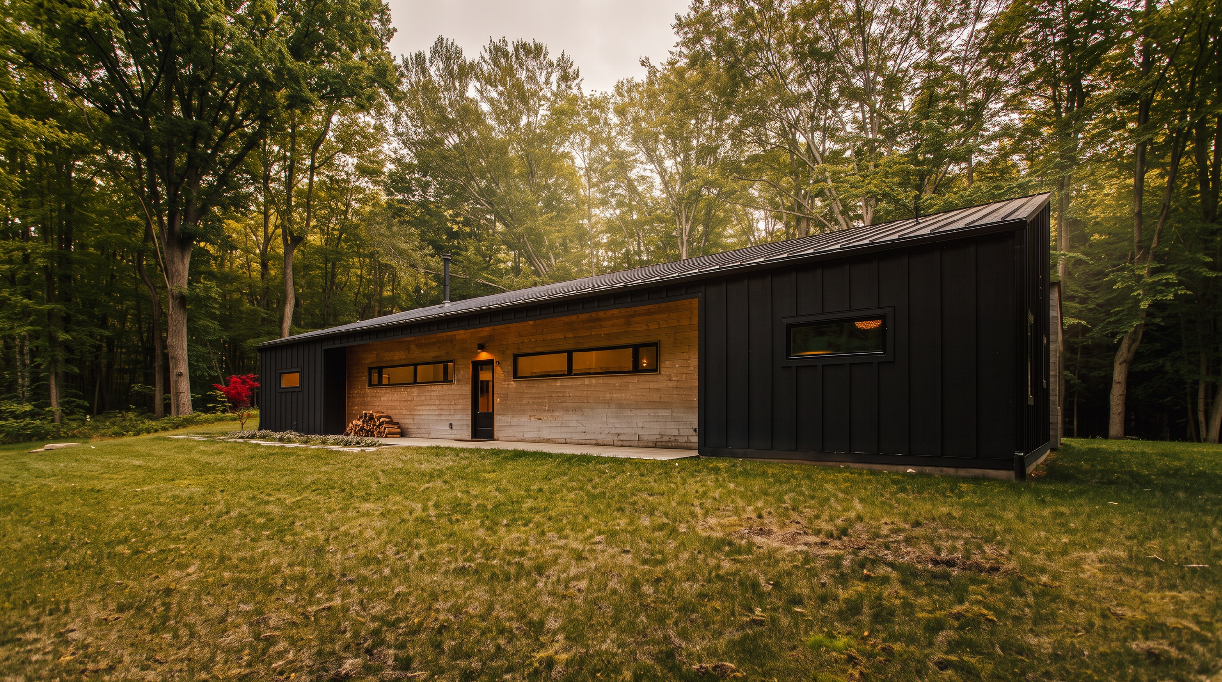 Black board-and-batten exterior of Lake Effect Cabin in the trees