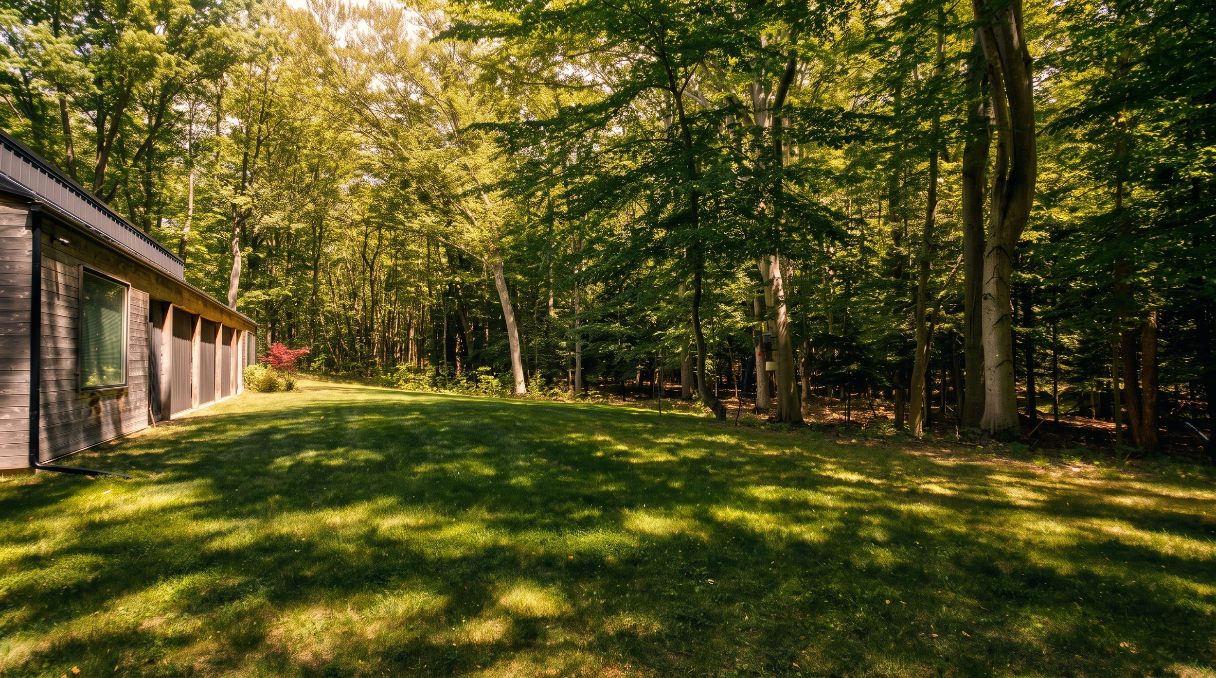Wide lawn bordered by mature trees beside Lake Effect Cabin