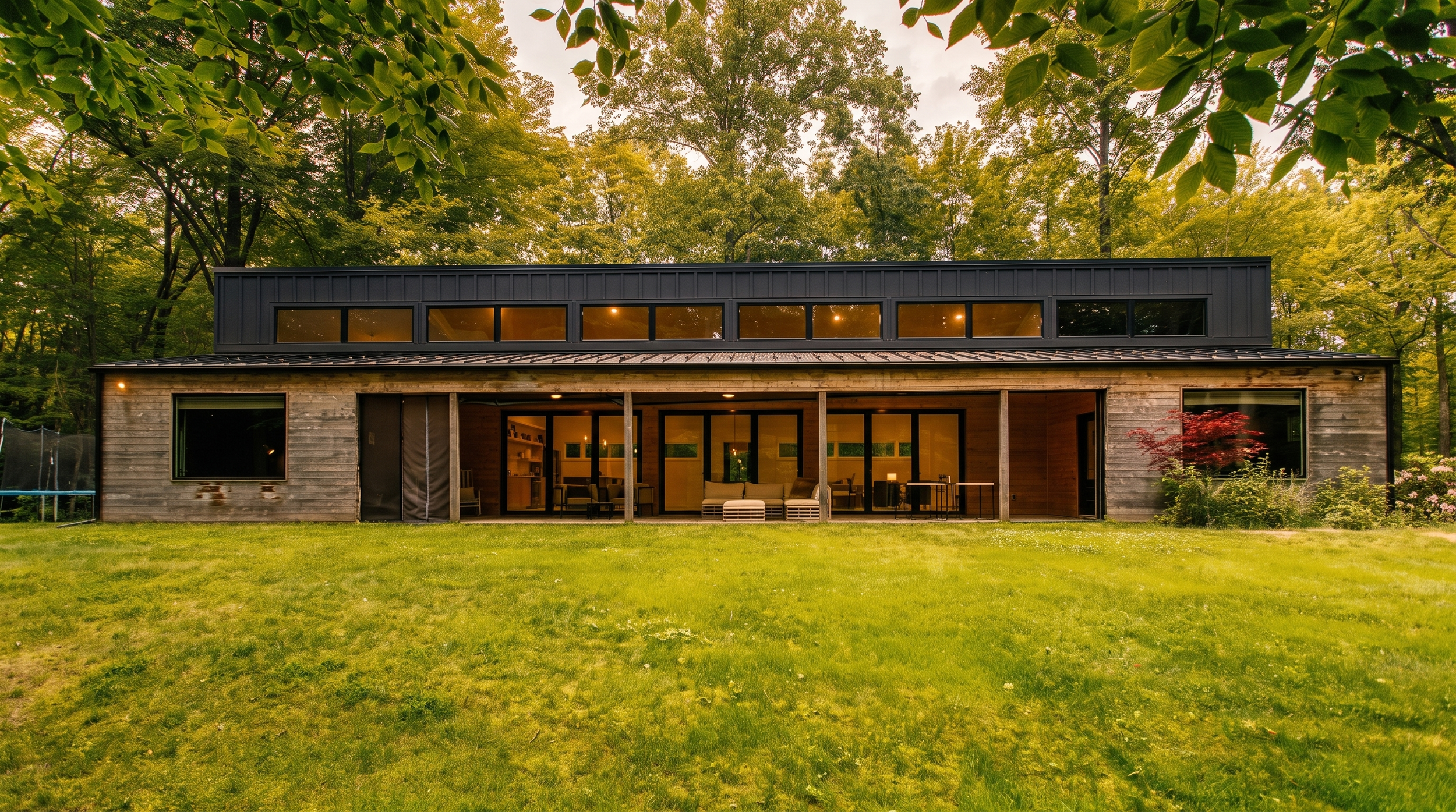 Full back of Lake Effect Cabin with its covered porch facing a wide lawn
