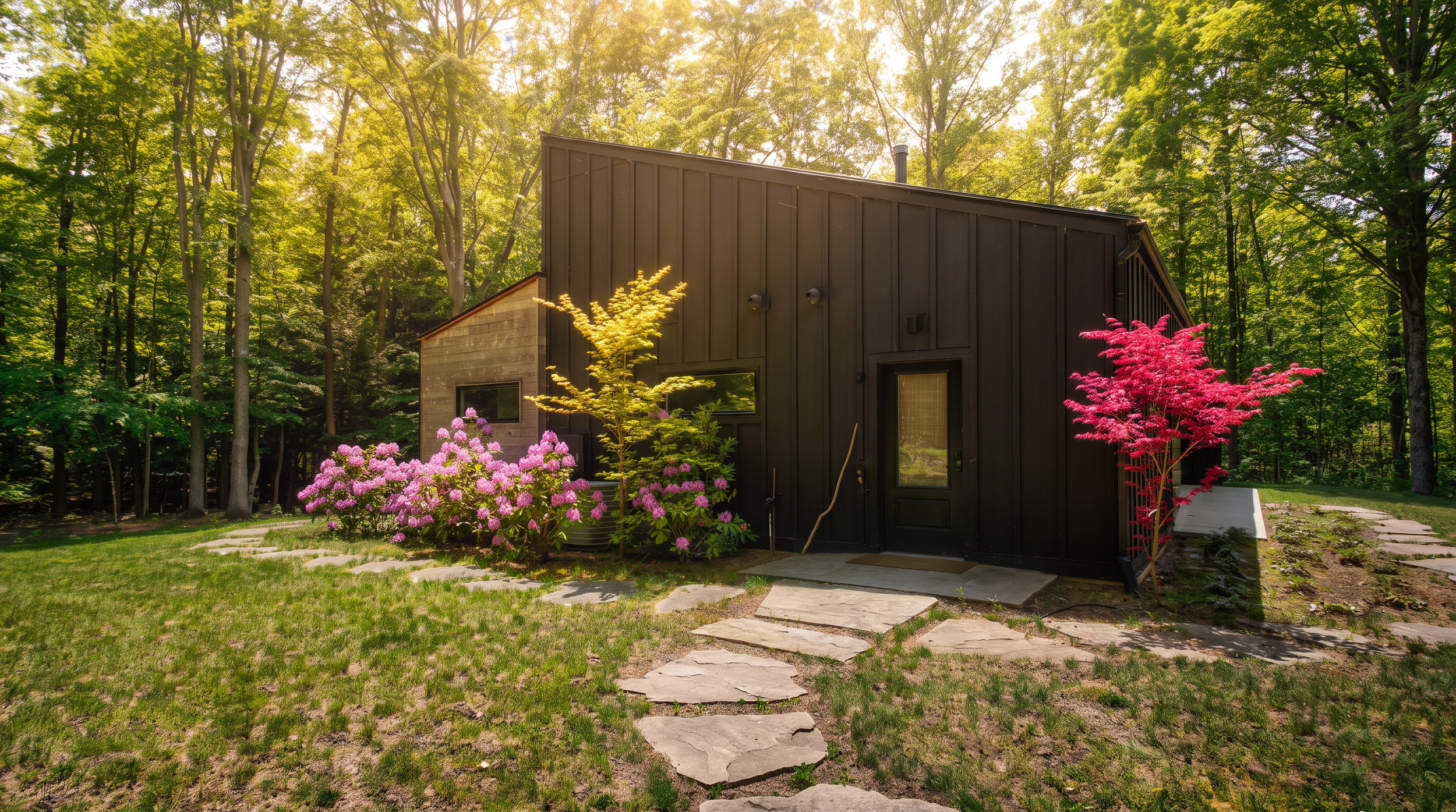 Side entry of Lake Effect Cabin with a flagstone path and red maple