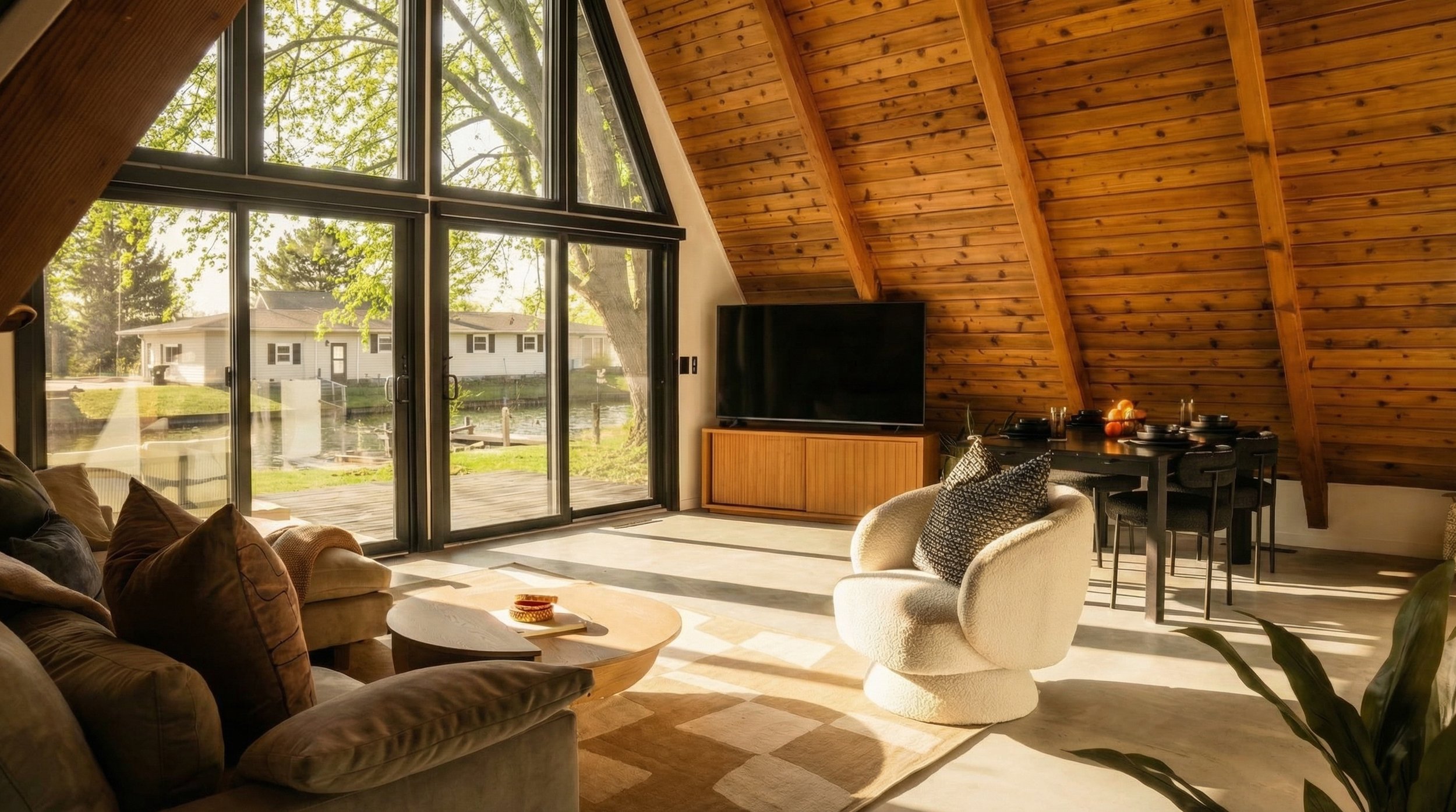 Living room with A-frame windows looking out toward the lake at Asunaro A-frame