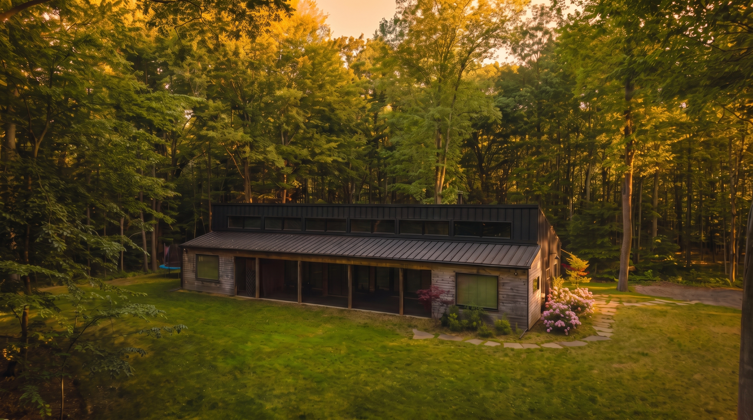 Lake Effect Cabin in warm evening light at the edge of the woods