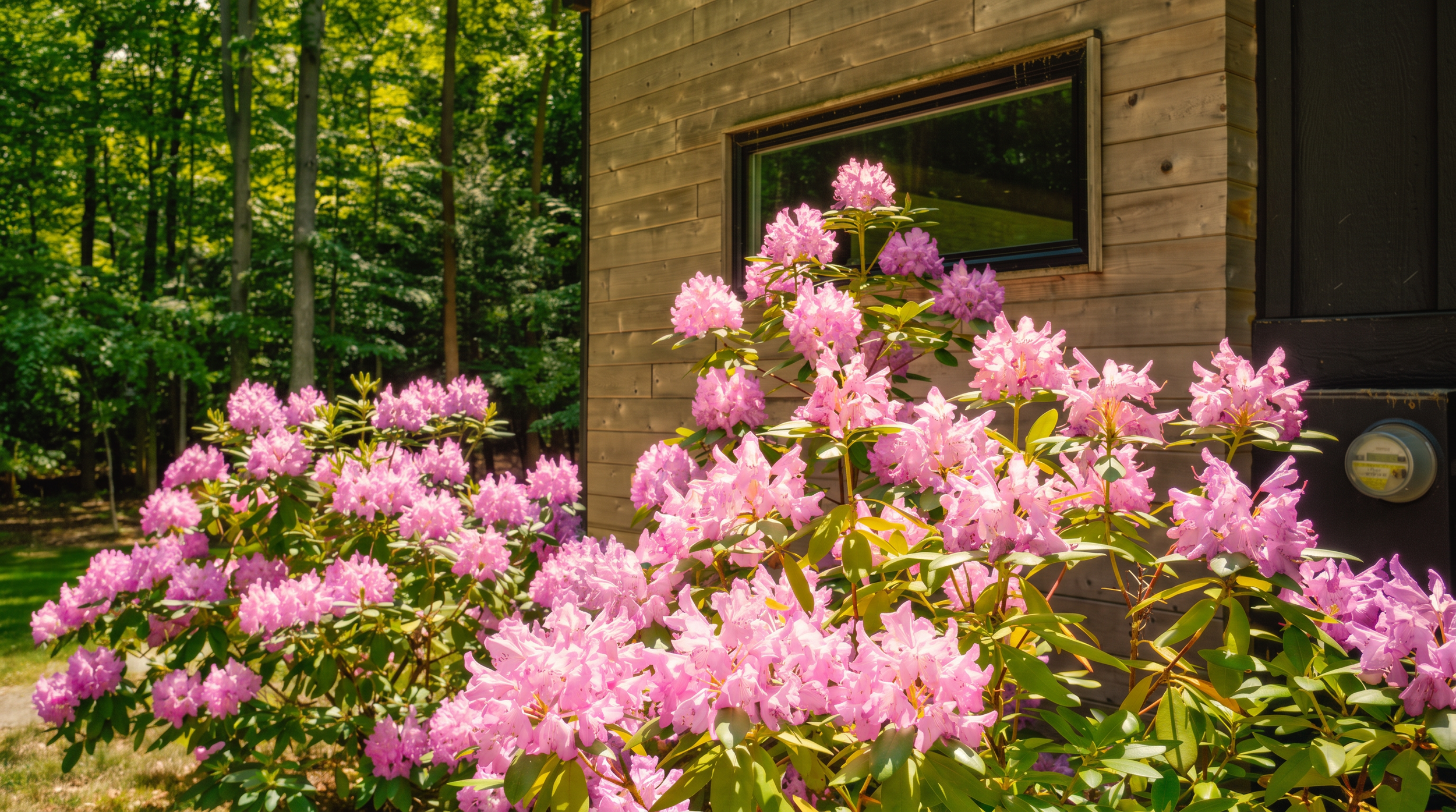 Pink rhododendrons blooming beside the reclaimed wood siding at Lake Effect Cabin
