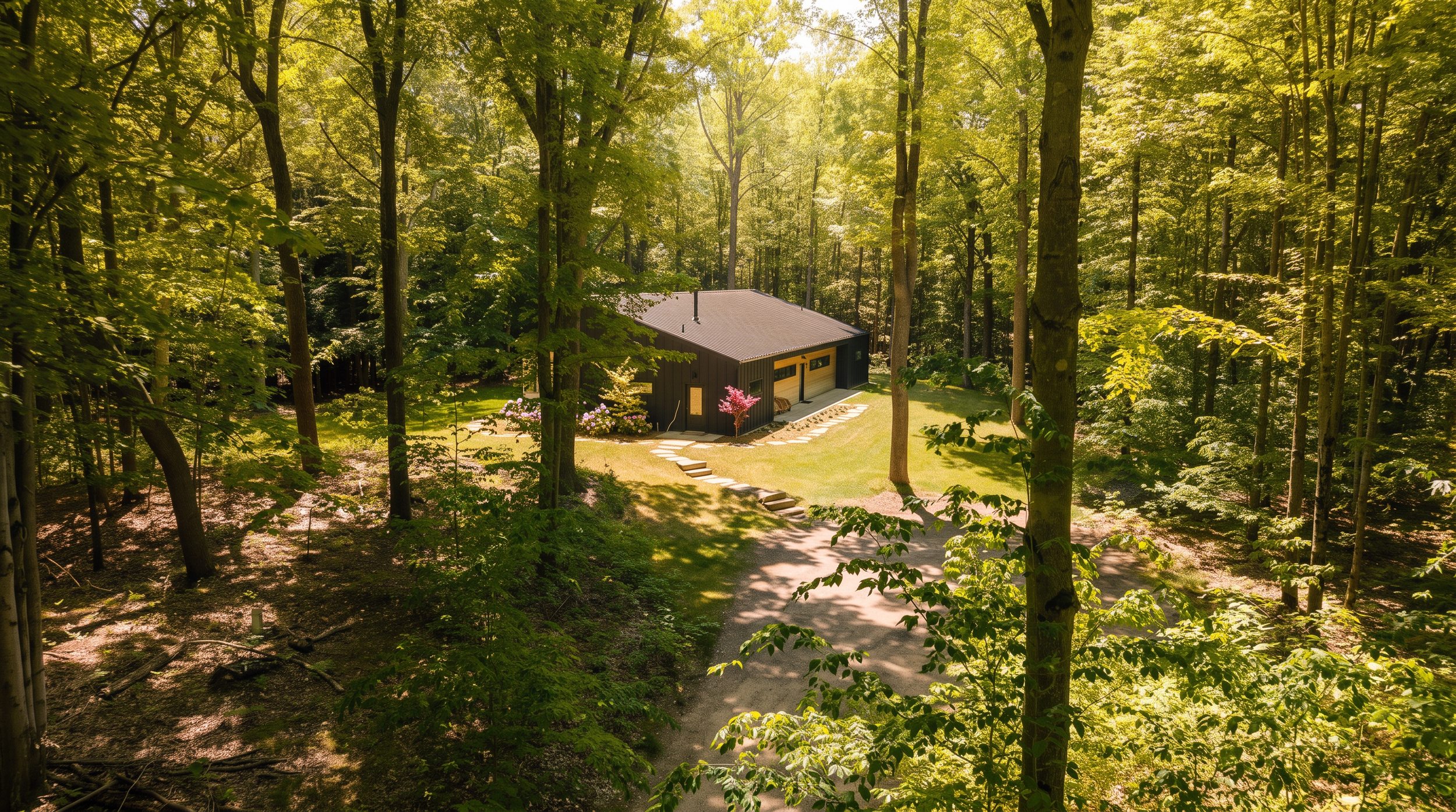 Lake Effect Cabin seen from the wooded hillside on its private acreage