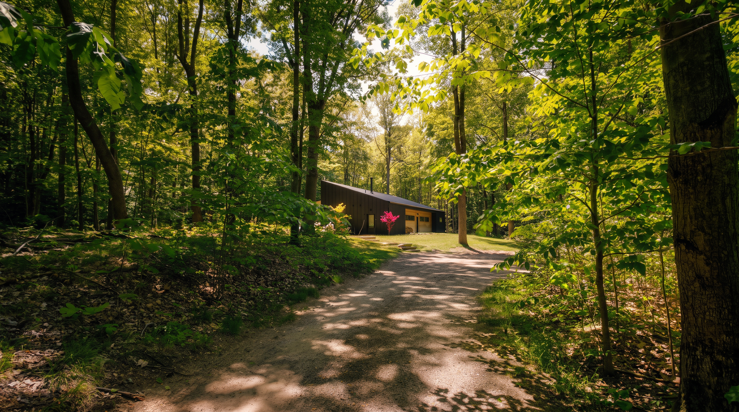 Shaded dirt lane winding through the trees to Lake Effect Cabin