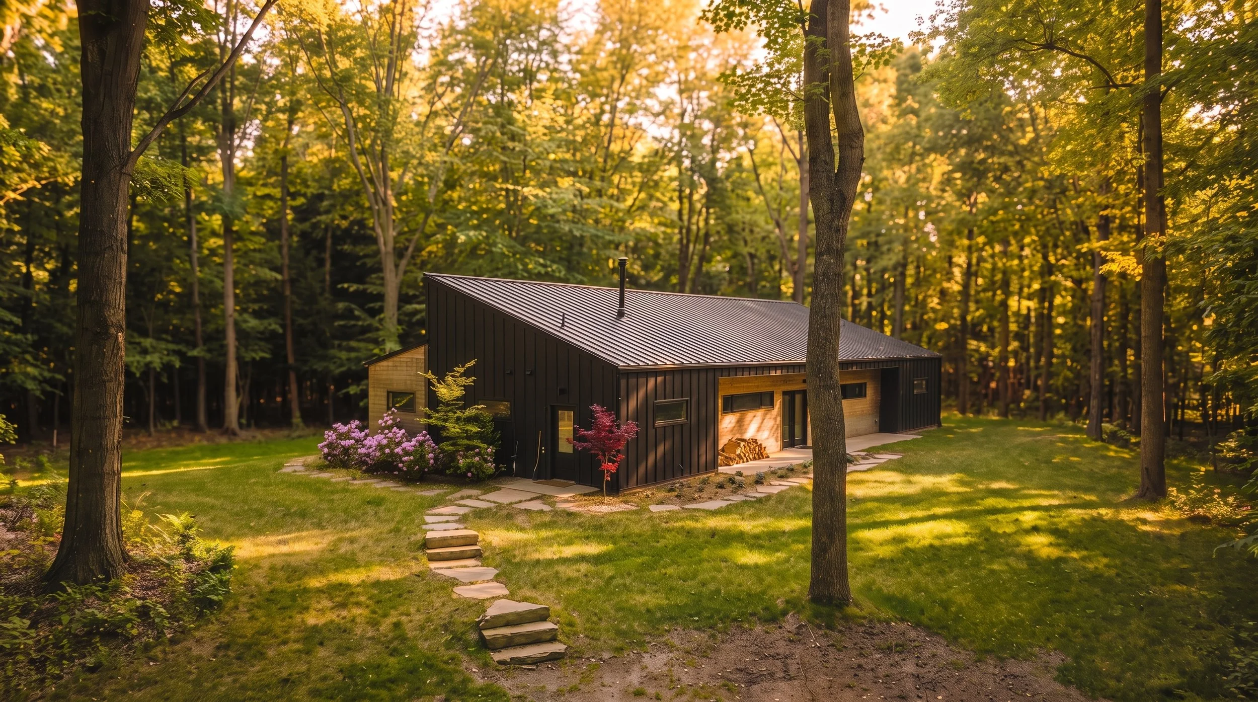 Lake Effect Cabin, a black Scandinavian-style cabin on 3.5 wooded acres near Holland, MI