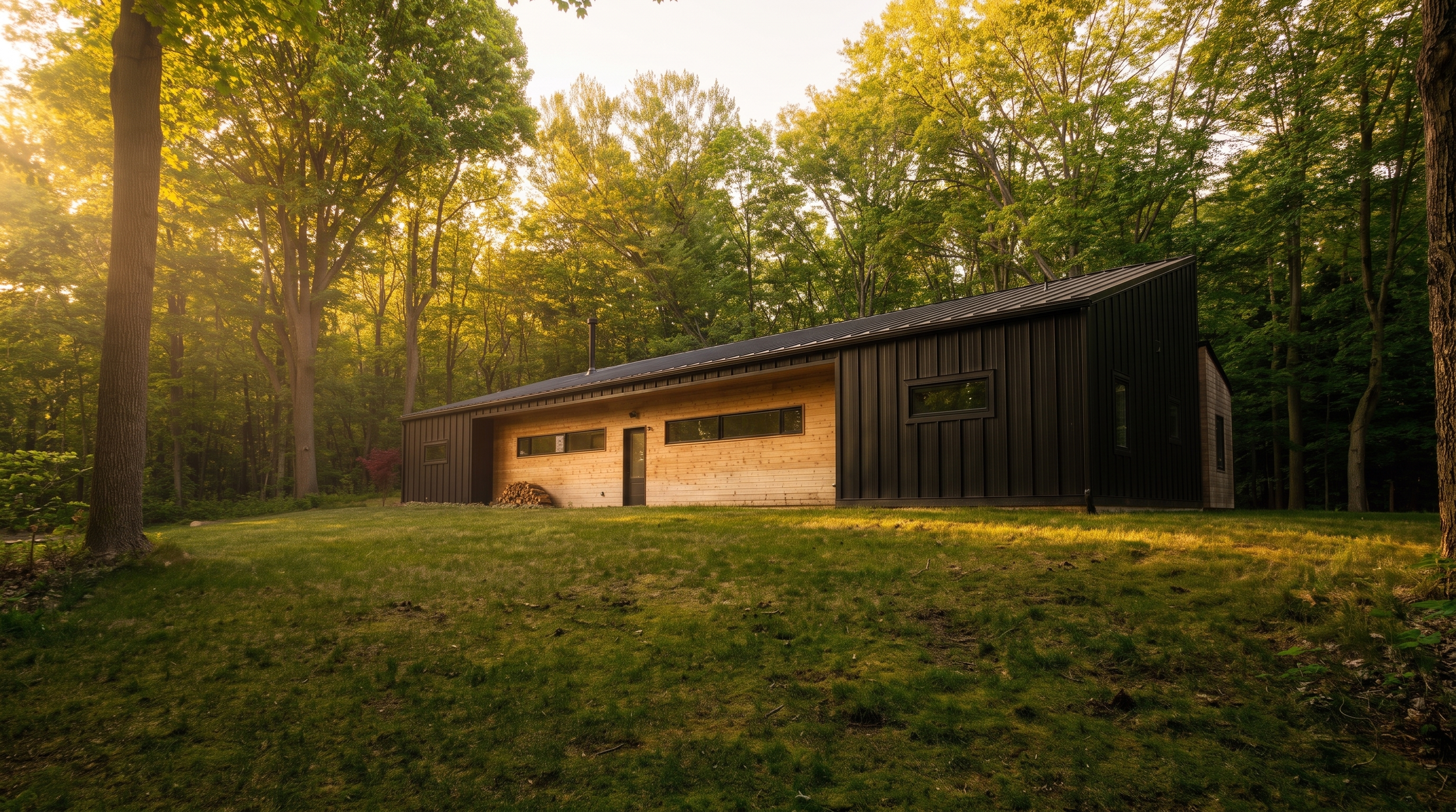 Lake Effect Cabin at the edge of a sunlit forest clearing