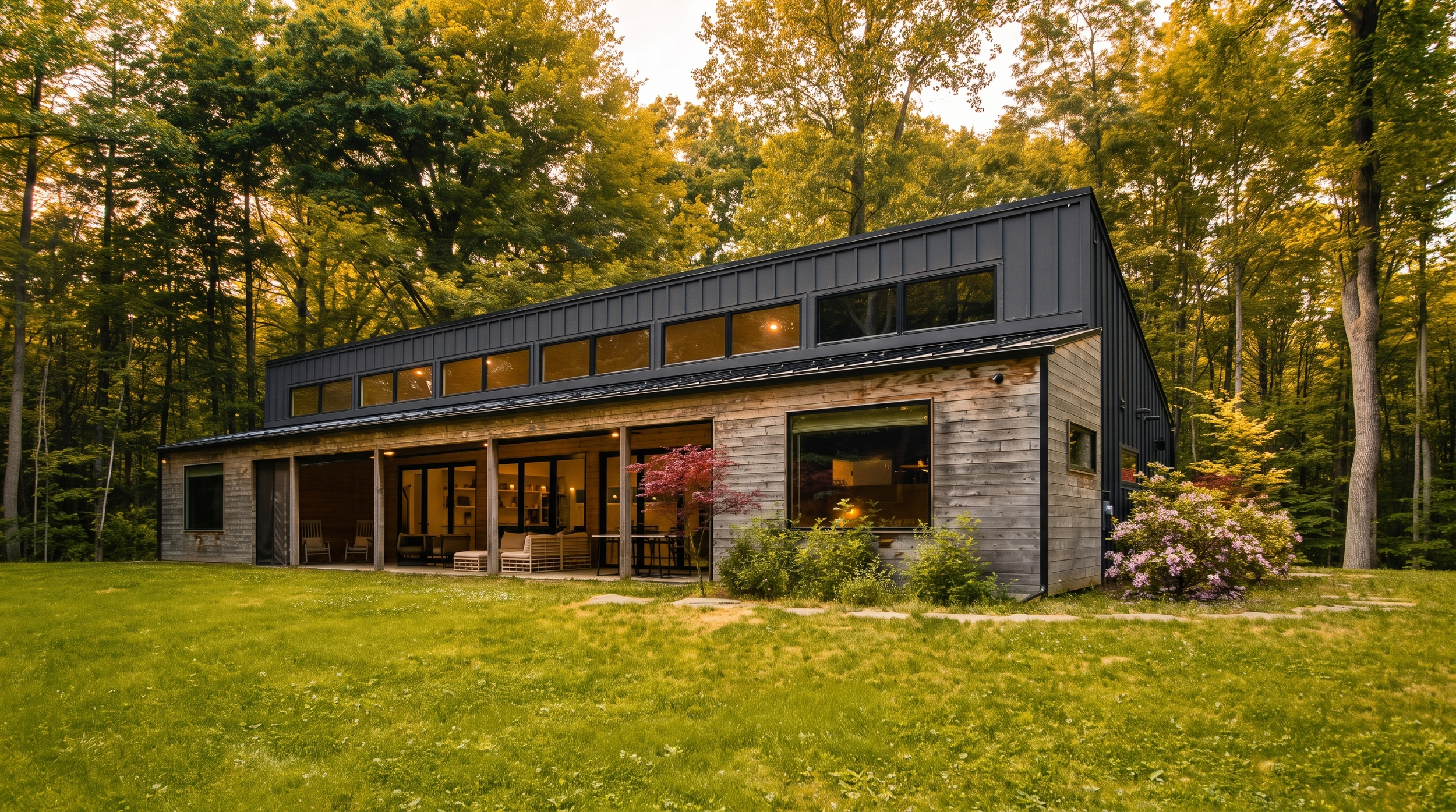 Back of Lake Effect Cabin with a covered porch and stone wall facing the lawn