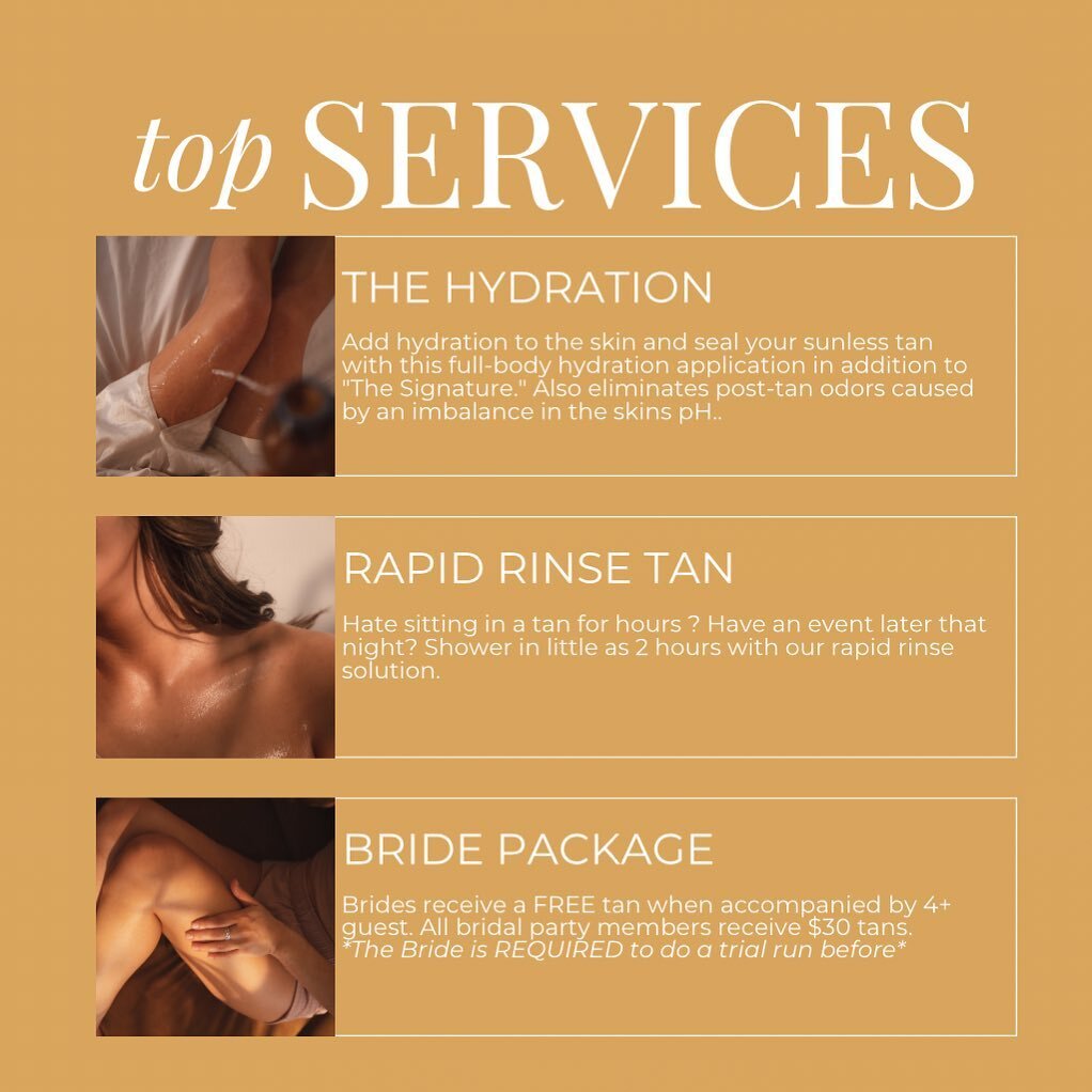 Our top services are something to die for. 👉

-The Hydration Spray is the newest addition to our menu &amp; fan favorite. This 3-in-1 product adds moisture back to the skin, helps with any post odor smell &amp; acts as a sealant to lock in your tan.