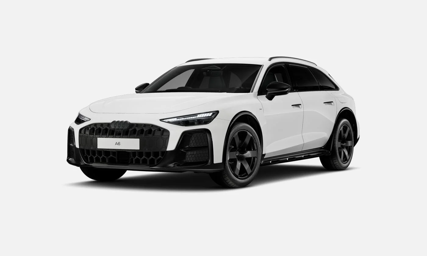 White Audi A6 station wagon with black wheels, black grille, and black side mirrors, front view on a plain background.