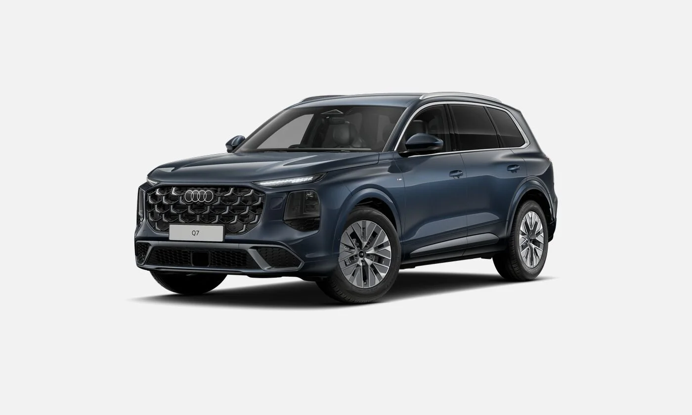 A dark blue Audi Q7 SUV on a plain background.