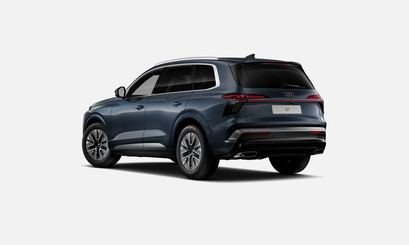 Front and rear view of a dark blue Audi Q7 SUV against a plain white background.