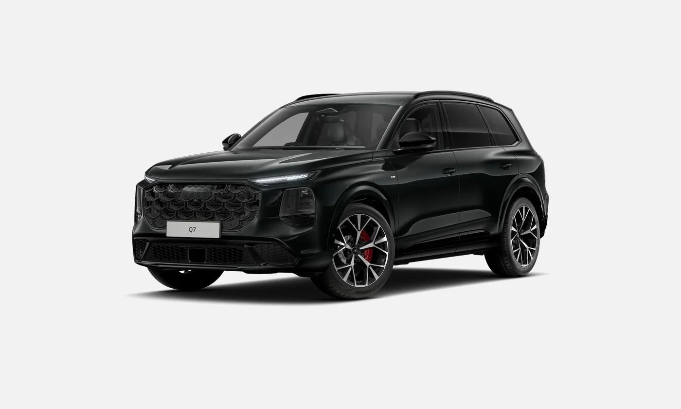 Black Audi Q7 SUV against a light gray background.
