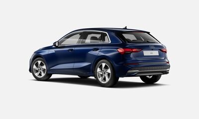 Blue station wagon car facing away, showing rear and side view