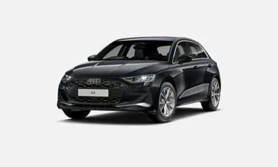 Black Audi A3 hatchback car facing slightly to the right on a plain white background
