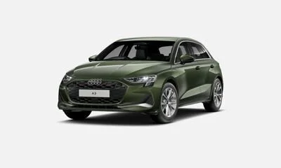 Green Audi A3 hatchback car facing slightly left on a white background.