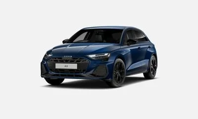 A blue Audi A3 hatchback car with black wheels on a white background.