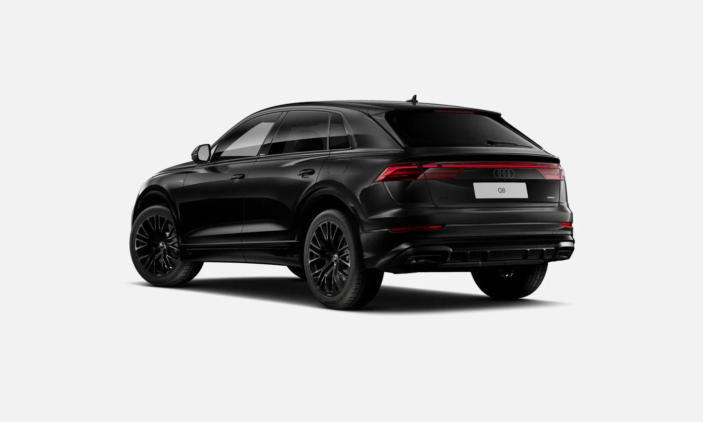 Black Audi Q8 SUV with sleek design, tinted windows, black wheels, and LED taillights, positioned on a plain white background.