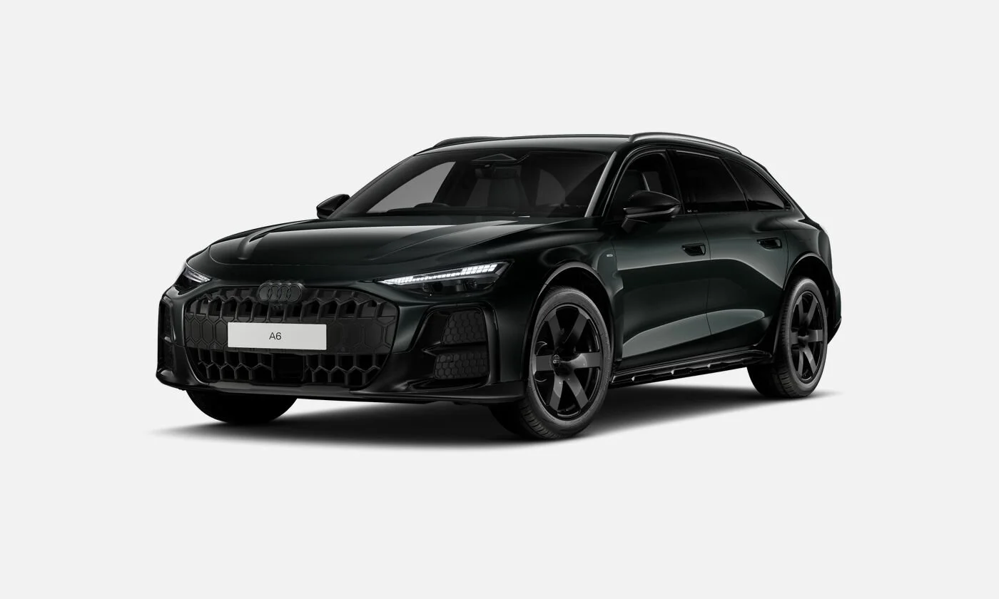 A sleek black Audi A6 station wagon with a modern design, featuring black rims, a prominent front grille, and sharp LED headlights, parked against a plain light background.