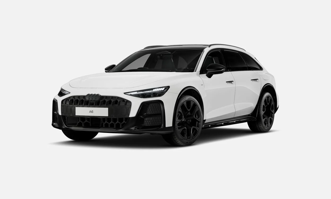 A white Audi A6 station wagon with black accents and wheels, front view, on a plain background.