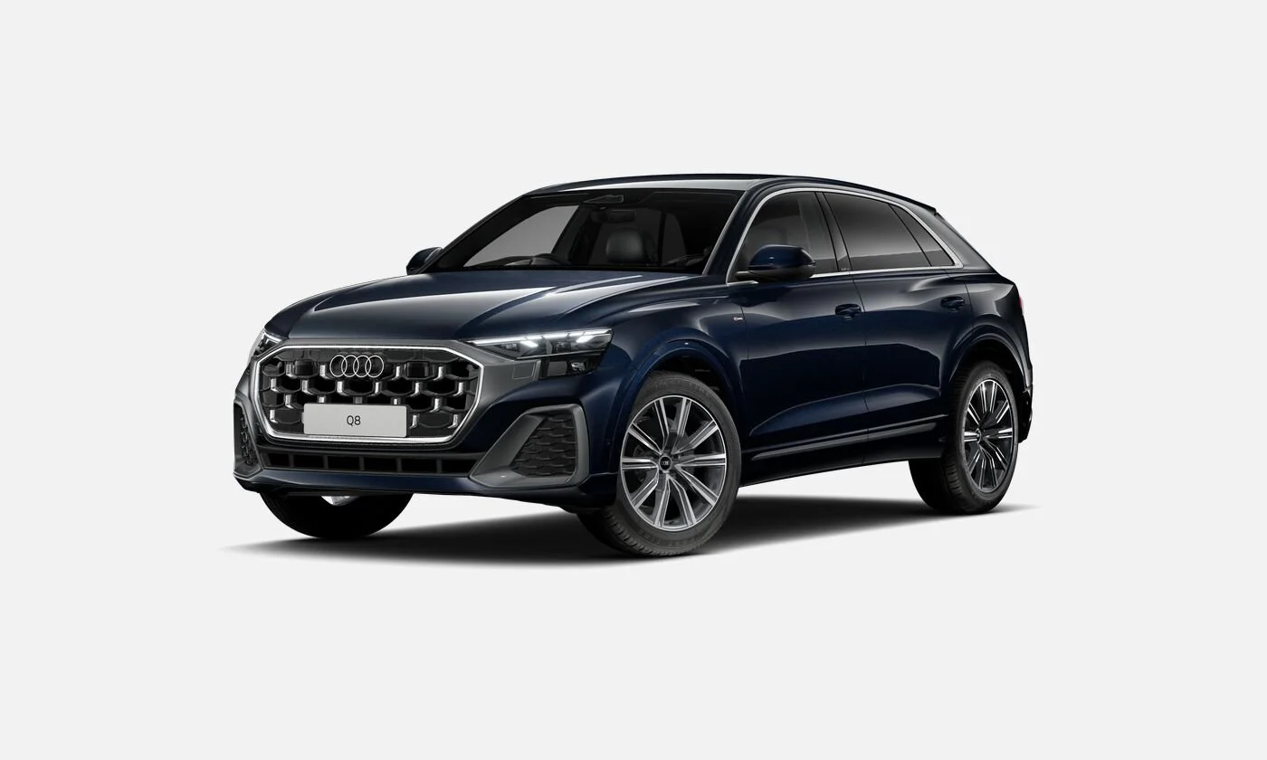 Black Audi Q8 SUV with a prominent grille and LED headlights on a plain white background.