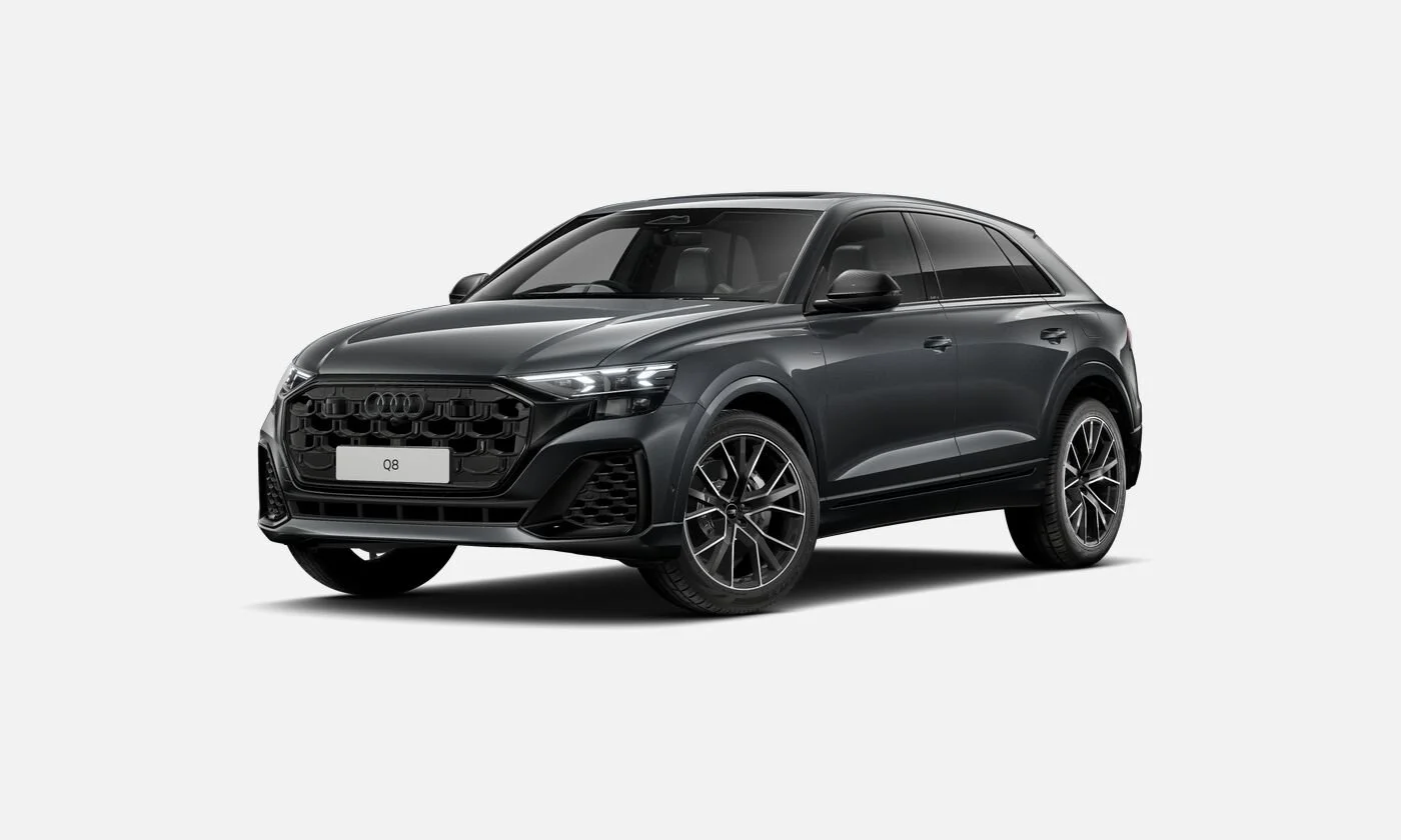 Black Audi Q8 luxury SUV on a white background.