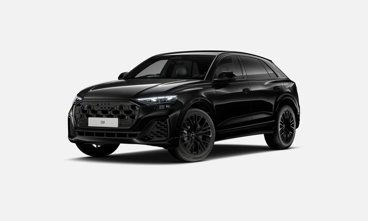 Black Audi Q8 SUV on white background.