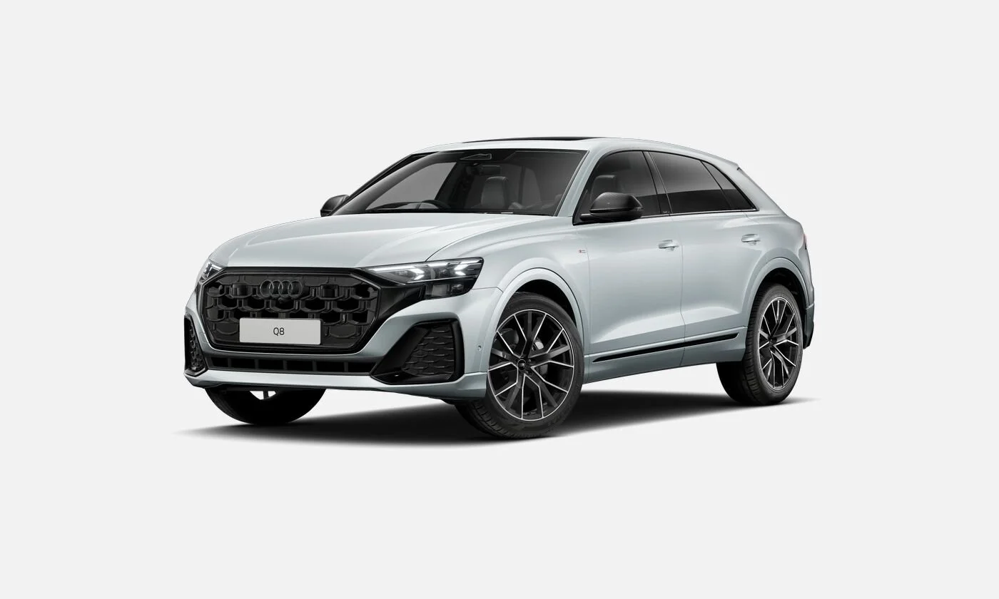 A silver Audi Q8 SUV with black accents on a plain white background.
