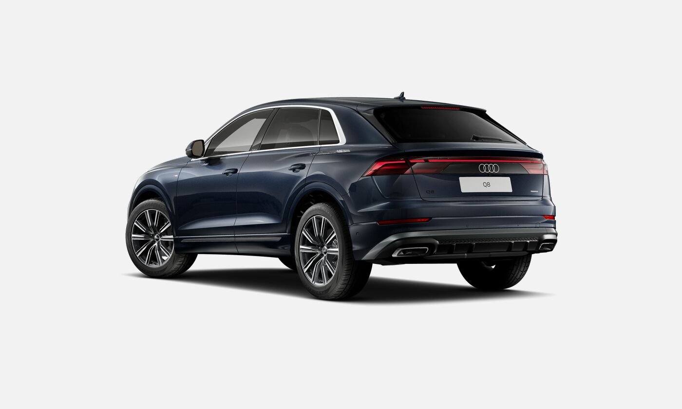 A dark blue Audi Q8 SUV shown from the rear three-quarters view against a plain light background.