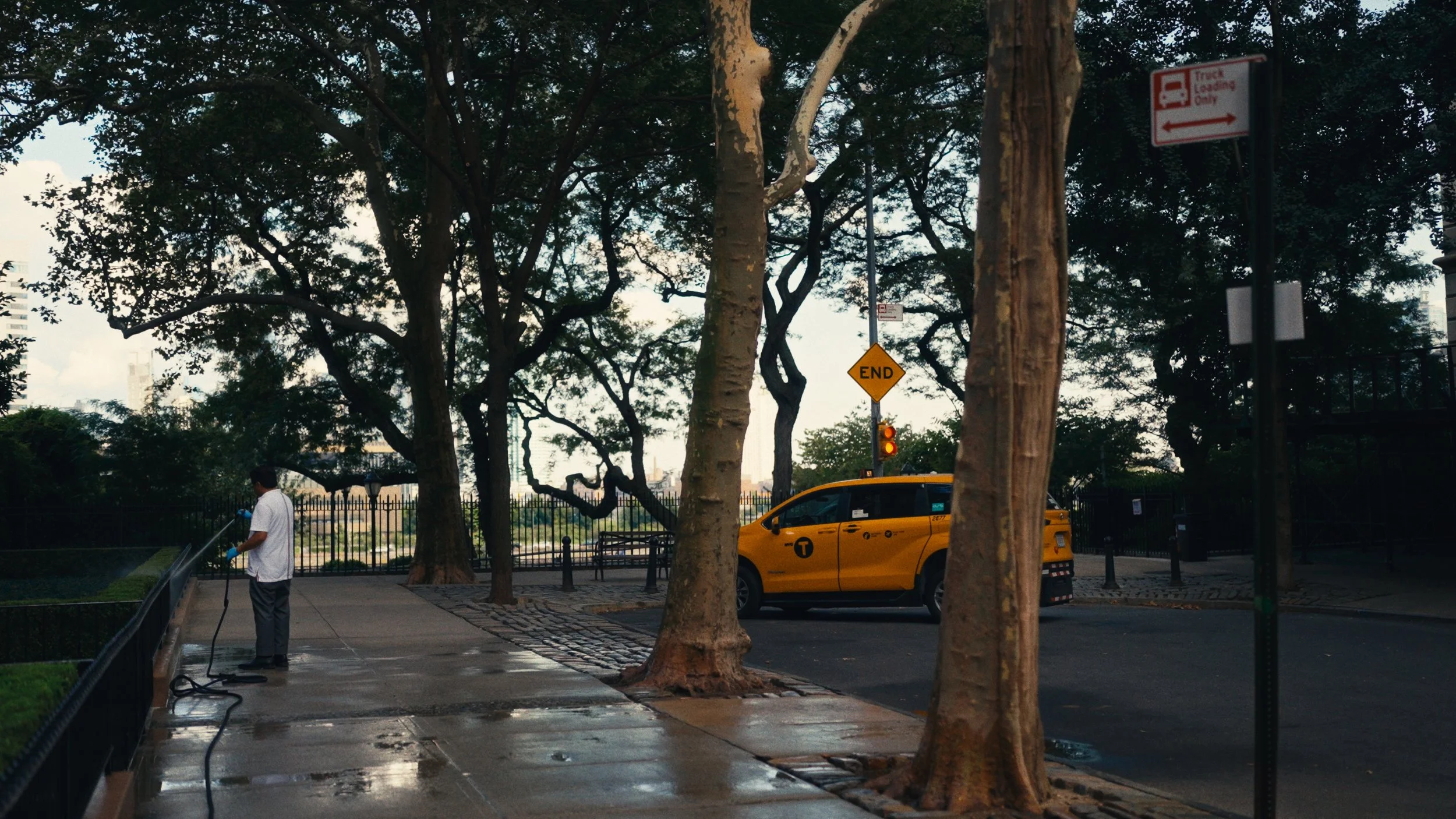 A person washing a sidewalk with a hose, trees lining the street, and a yellow taxi cab parked nearby with an 'End' sign and traffic light in the background.