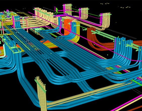 A colorful 3D computer model of a data center or server room with multiple cables, racks, and connections in various colors.