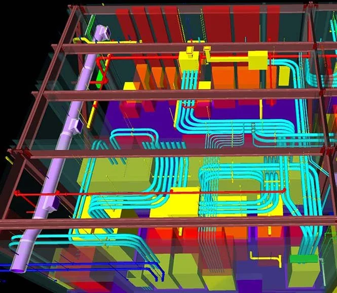 Colorful 3D model of an industrial piping system with multiple pipes and structural supports.
