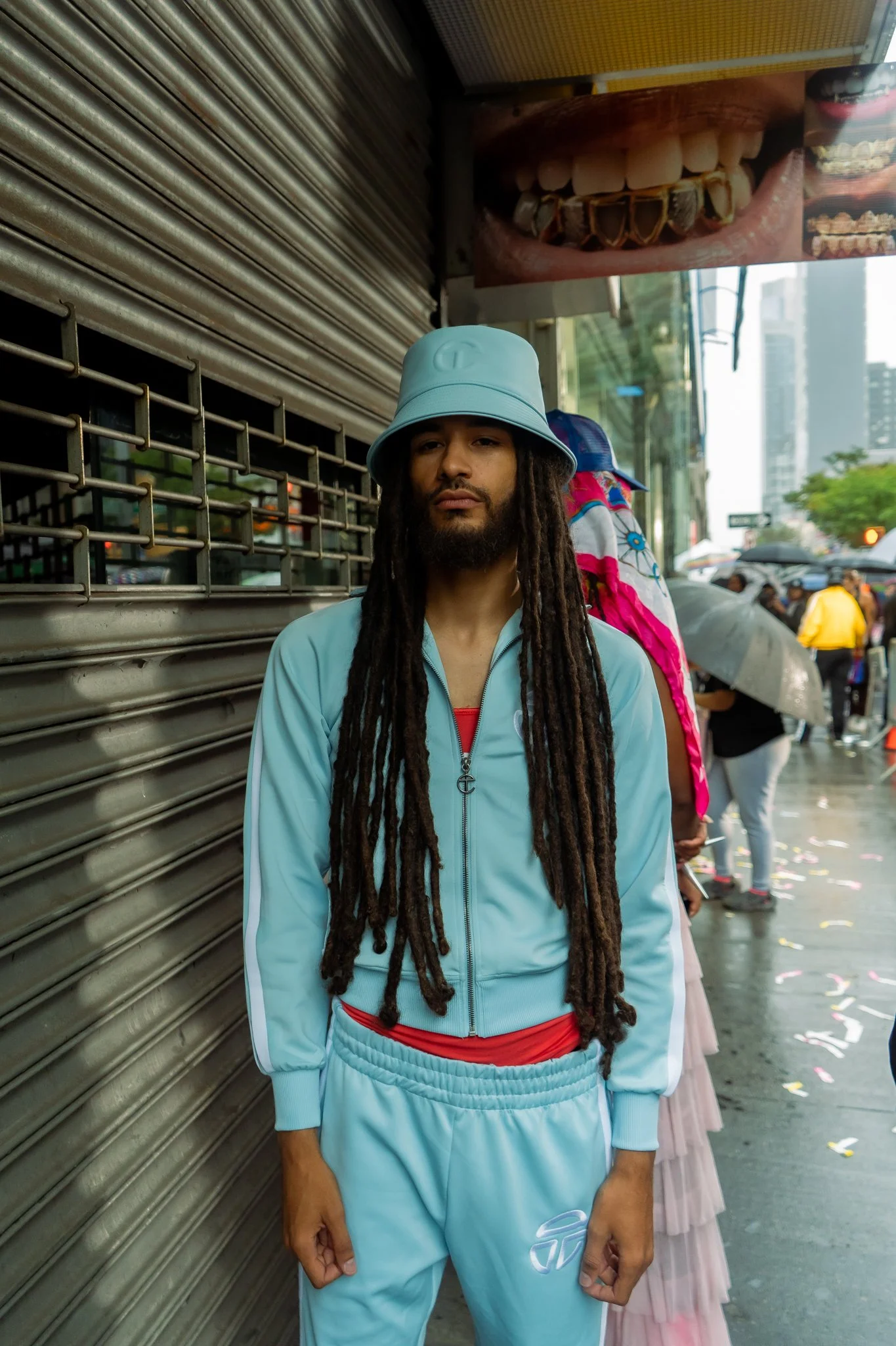 An unnamed model from Telfar's Rainbow pop up in New York. 
