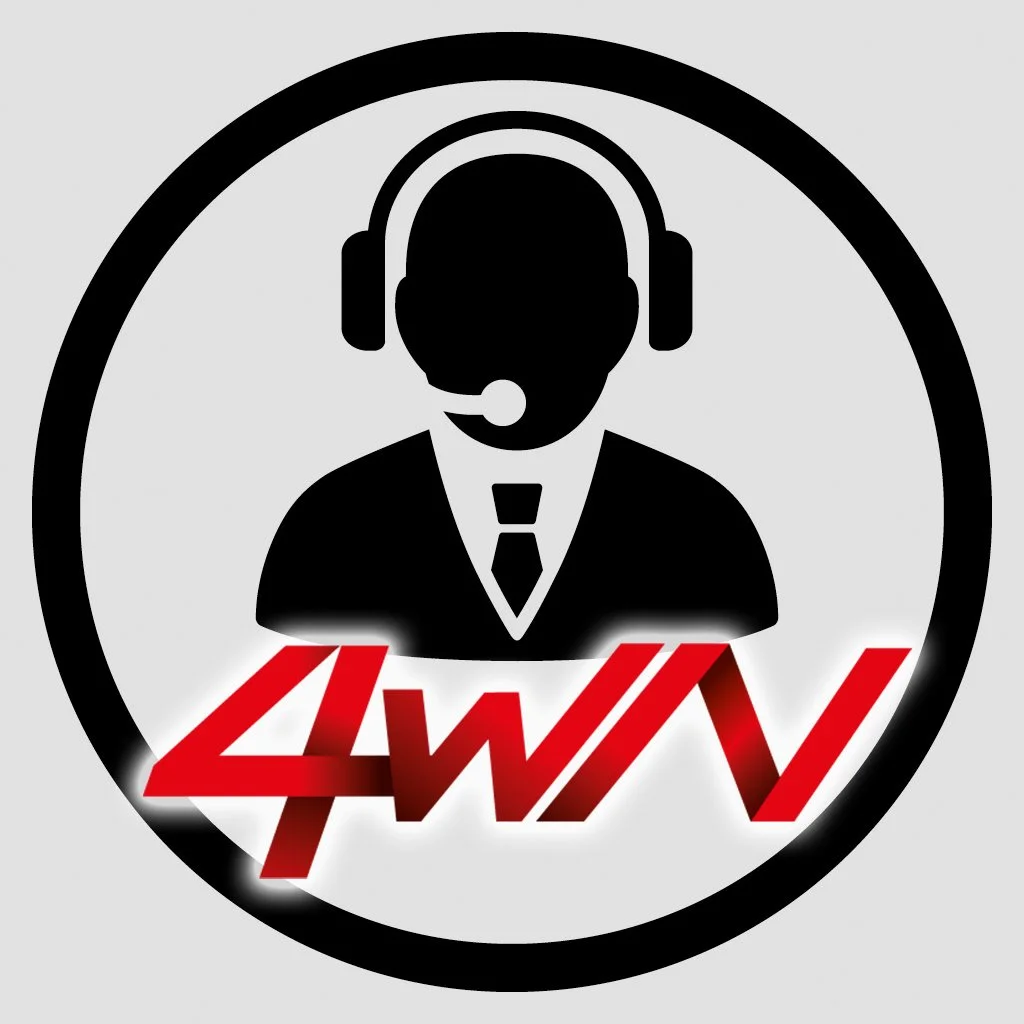 Icon of a customer service representative wearing a headset, with '4WN' written in red below, inside a circular border.