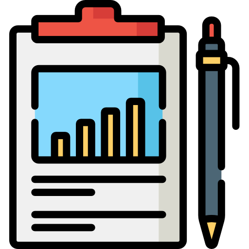 Clipboard with a bar graph and a pen next to it.
