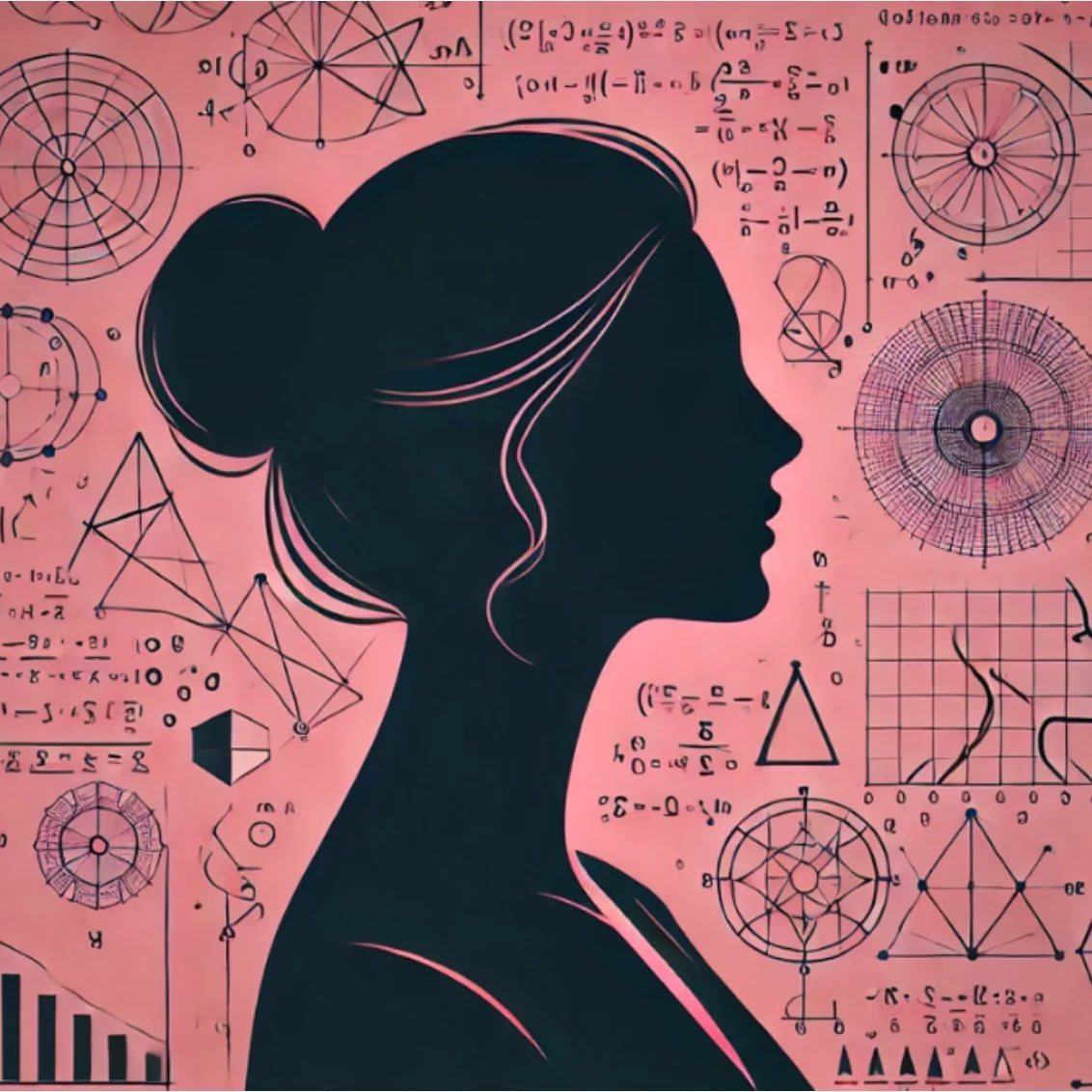 Silhouette of a woman with her hair in a bun, surrounded by scientific and mathematical diagrams, charts, and equations on a pink background.