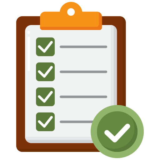 Checklist on clipboard with all items checked, featuring a prominent green checkmark.