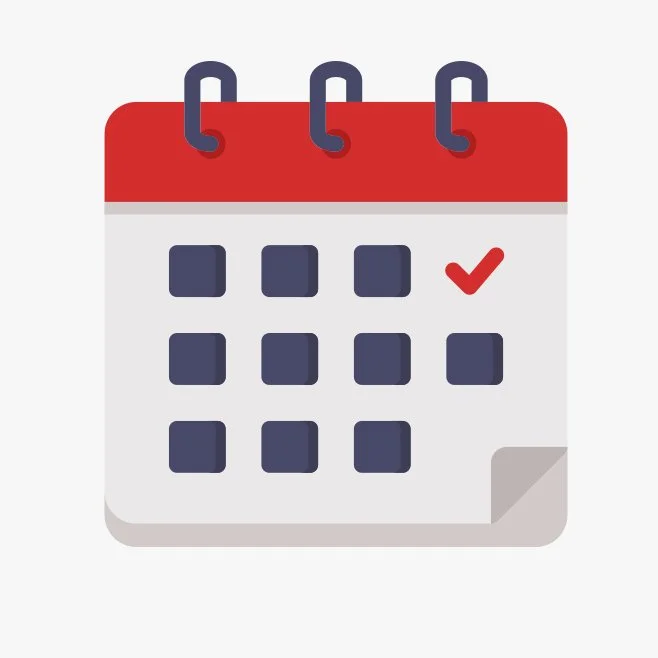 A digital calendar with a red top bar, dates in a grid, and a red check mark on one date.