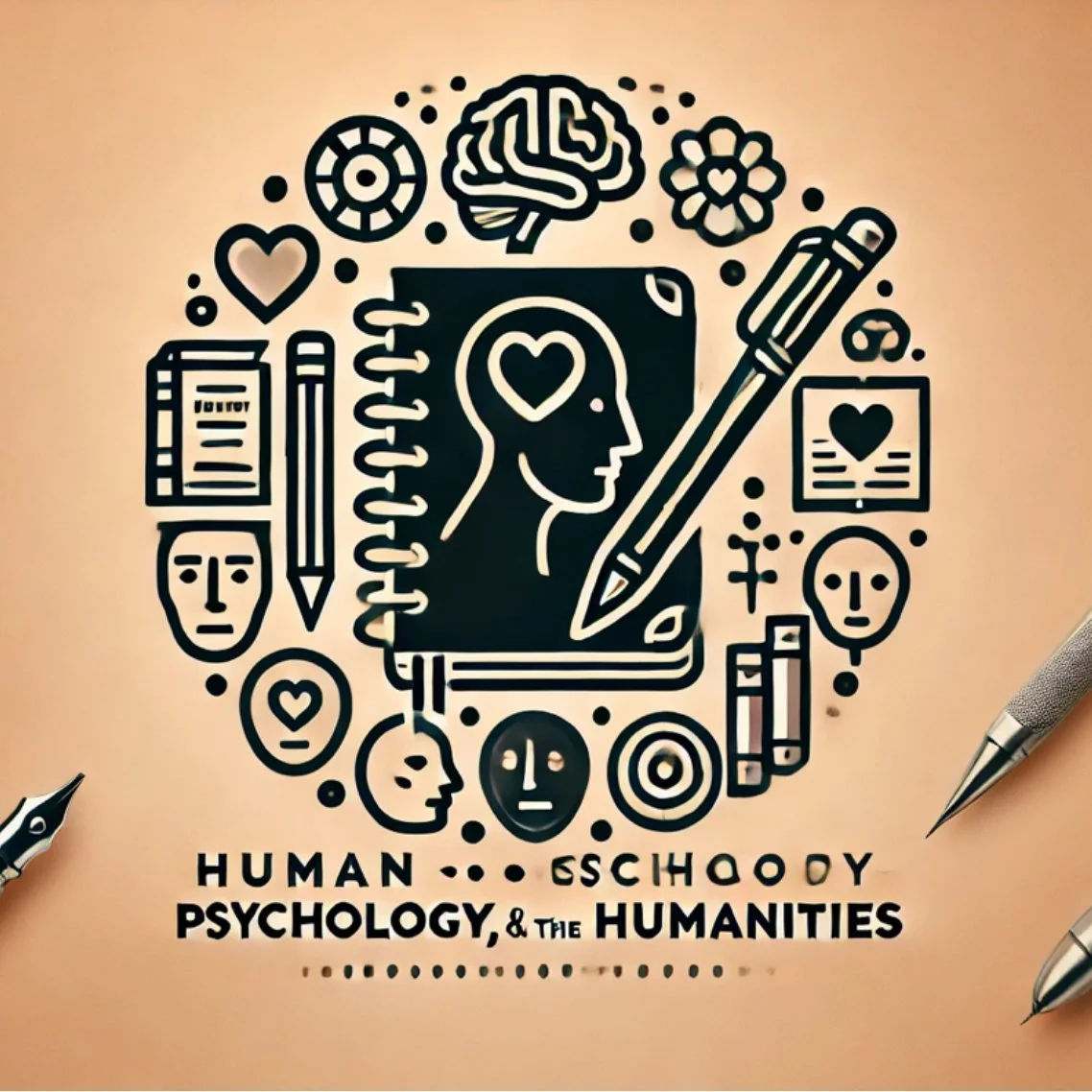Illustration of a notebook with a profile of a woman's head with a heart inside, surrounded by symbols of psychology and humanities such as brains, masks, books, hearts, and faces. Text reads 'Human Psychology & the Humanities'.