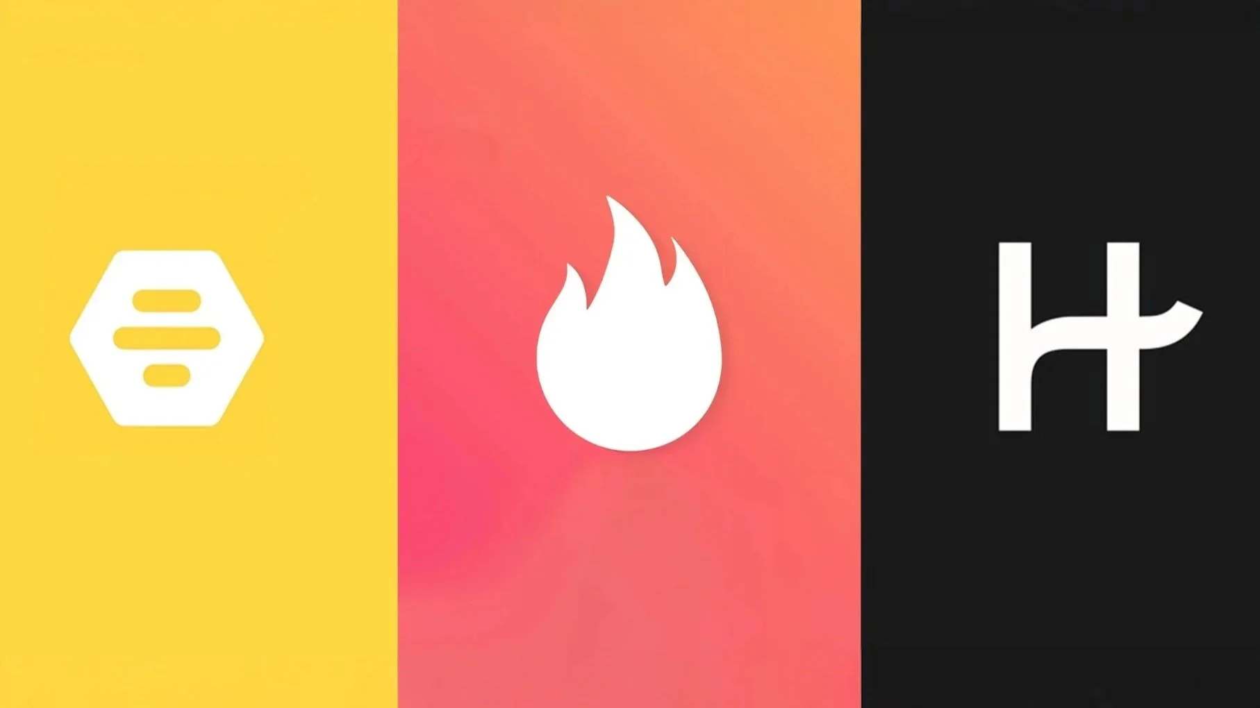 Icons representing different social media platforms: a yellow icon with a bee symbol, a pink background with a flame, and a black background with a white 'H' symbol.