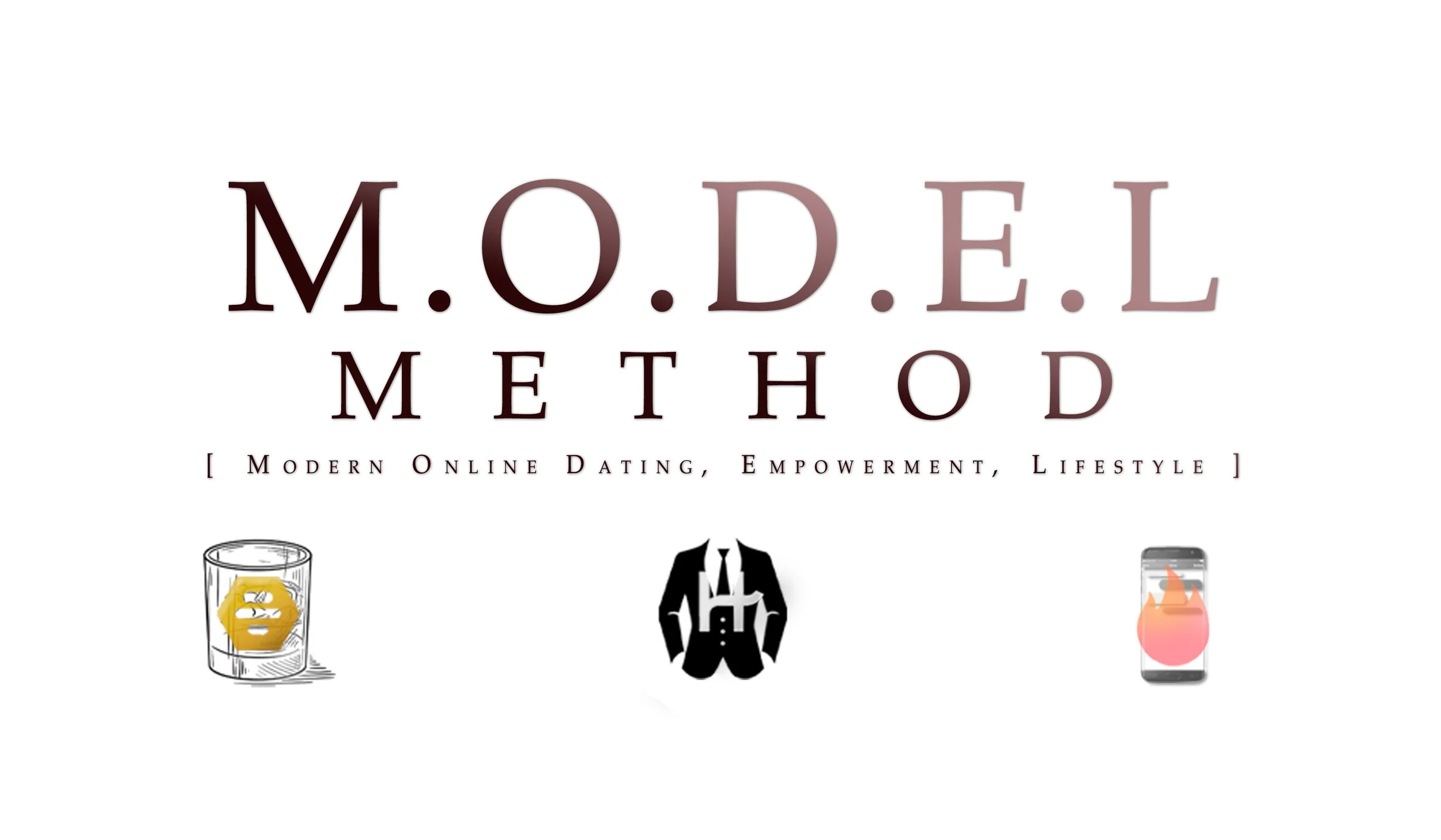 Text reads 'M.O.D.E.L Method' with the subtitle '[ Modern Online Dating, Empowerment, Lifestyle ]'. There are three icons below: a glass of whiskey with a honey jar inside, a black suit with a tie, and a smartphone with a flame emoji.